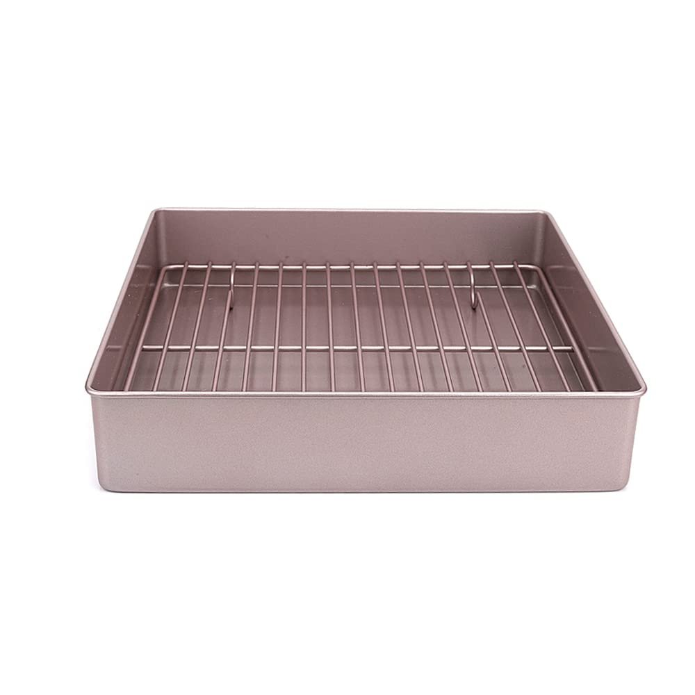 11 Inch Square Shape Non-stick Carbon Steel Baking Pan with Cooling Frame Net Aluminium Cookie Biscuit Plate Bakey Sheet DIY Kitchen Gadgets (1 set 11 inch Deep Carbon Steel Pan with Rack)