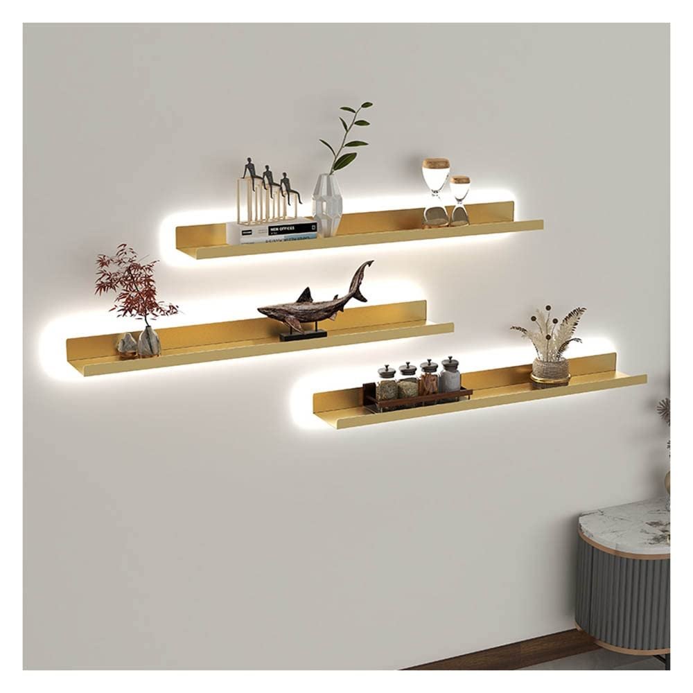 Floating Shelves Wall Mounted Built-in LED Light, Metal Wall Mounted Light-Emitting Shelves Creative Display Shelf For Entrance Bar Countertop Living Room Bathroom Contains Only 1 Piece ( Color : Gold