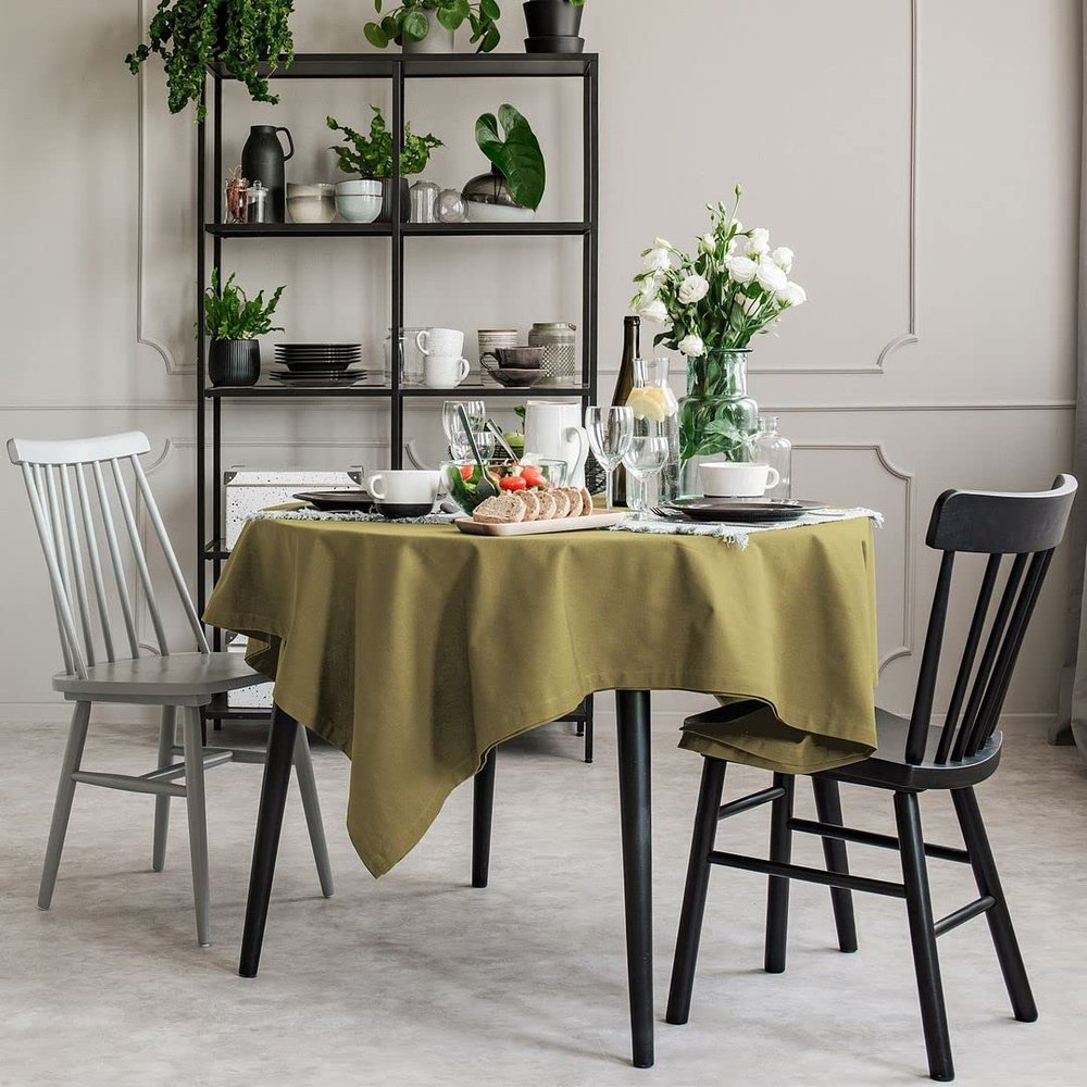 CASANEMA Faux Velvet Look Table Cloth Anti-Shrink Dcor Fabric Table Cover for Kitchen, Dinning Tabletop Olive Green Single Piece Outdoor & Indoor Use (110"X126") Made in Turkey