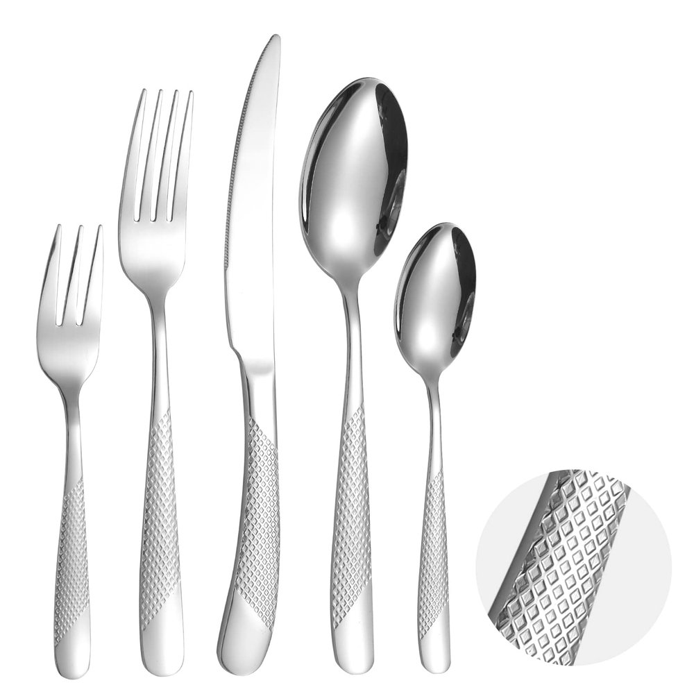 A  HOUSEWARE Modern Silverware Hammered 20 Piece Stainless Steel Flatware Set for 4 include Forks Spoons Kinves Kitchen Eating Utensils Mirror Polished Durable Festival Parties and Everyday Use