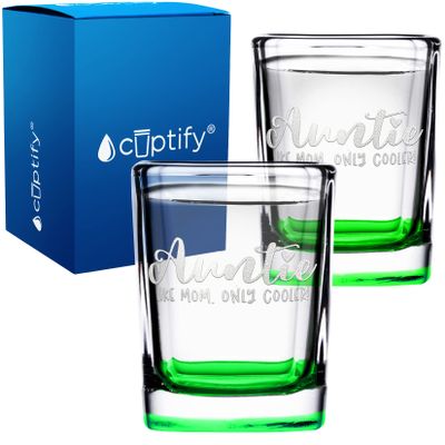 Cuptify Auntie Like Mom, Only Cooler 2oz Green Colored Square Shot Glasses Set of 2 Etched Party Favors Cool Birthday Gifts for Aunt, Her, Sister, Women