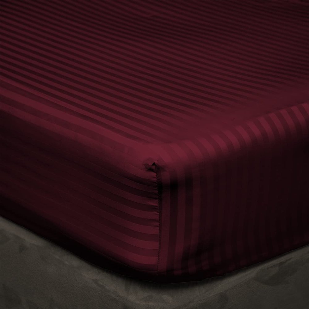 RIANBHI Stripes Fitted Sheet 1 Piece Twin Fitted Sheet Wine 1000 Thread Count 18'' Deep Pocket Wrinkle Free 39 x 75 Inches Cotton Fitted Sheet Twin Size Bed