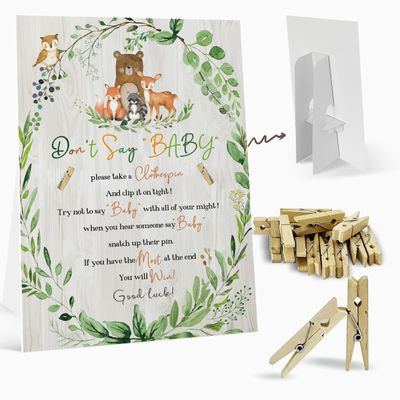 Don't Say Baby Clothespin Game Sign (811Woodland Animal Baby Shower Game Decoration Set1 Sign + 50 Mini Clothespins)Gender Neutral Boy Girl Baby Shower