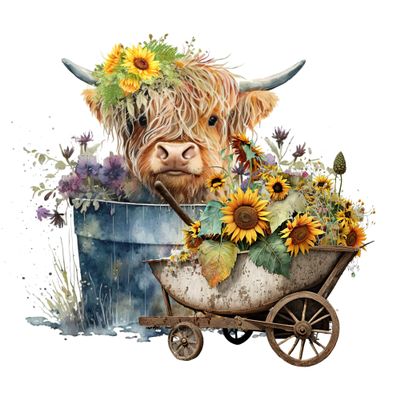 Highland Cow Sublimation Transfer, Cows, Farm, Heifer, Highland Cow in Bucket Tub Wheelbarrow Sunflowers, Printed Sublimation, Ready to Use (Child x1-6")