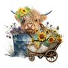 Highland Cow Sublimation Transfer, Cows, Farm, Heifer, Highland Cow in Bucket Tub Wheelbarrow Sunflowers, Printed Sublimation, Ready to Use (Child x1-6") view 1