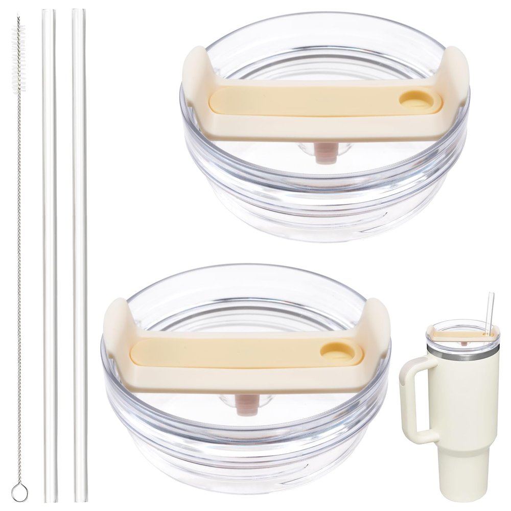 40oz Tumbler Lid Compatible for Stanley, 2 Pack Replacement Tumbler Lids Fit for Stanley Quencher 2.0 Tumbler 40 OZ, with Straws and Cleaning Brush (Cream)