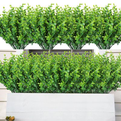 AmyHomie 20 Bundles Green Artificial Plants for Outdoor Spring Summer Decor UV Resistant Faux Wheat Grass Greenery Shrubs Eucalyptus Fake Plastic Plants Garden Porch Window Box Decorating