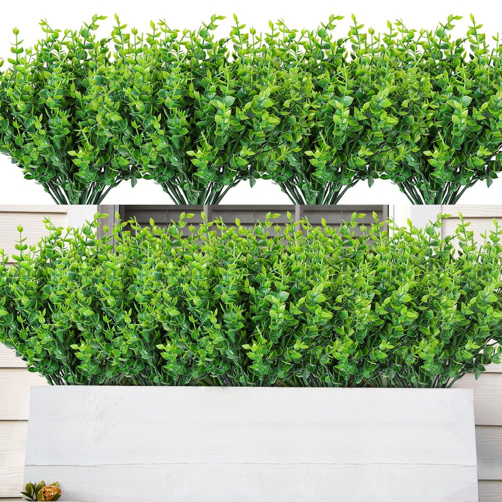 AmyHomie 20 Bundles Green Artificial Plants for Outdoor Spring Summer Decor UV Resistant Faux Wheat Grass Greenery Shrubs Eucalyptus Fake Plastic Plants Garden Porch Window Box Decorating