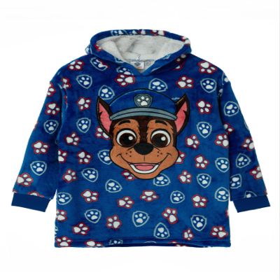 Paw Patrol Boys Wearable Hooded Blanket | Kids Blue Chase the Police Dog All Over Print Fleece Hoodie | Pullover Loungewear