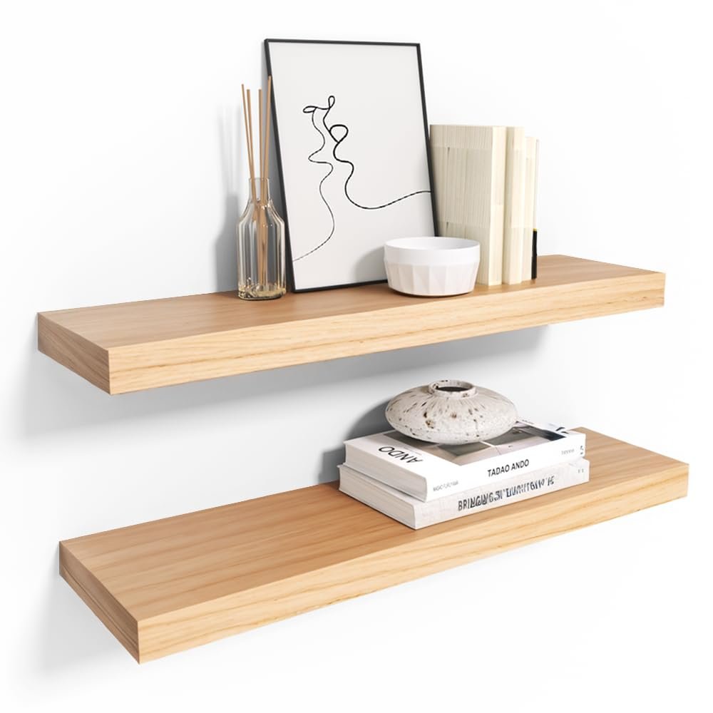 Habudda Floating Shelves, Wooden Wall Shelf for Rustic Decor, Hanging Display Shelving for Bedroom Bathroom Kitchen Living Room, Natural Wood, Invisible Bracket, 23.6"6.7"1.6", 2-Pack