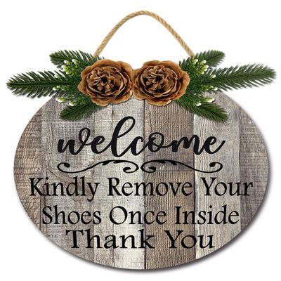 Isaric Take Off Your Shoes Door Sign Welcome Wood Plaque with Wreaths 12"x12" Please Remove Your Shoes Sign for All Seasons Farmhouse Home Front Porch Door Decoration