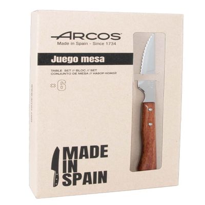 Arcos 4 Inch Steak Knife Set of 6. Pocket Knife Pack with Smooth Edge for Cutting and Fillet Meat. Stainless Steel Blade and Compressed-Wood Handle. Brown Color. Series Forest