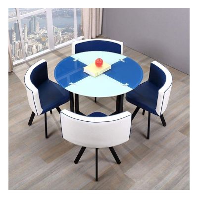 AZBROW Office Reception Conference Room Coffee Table Set, Kitchen Living Room Dining Table Tempered Glass Table Top Metal Feet 1 Table 4 Chairs Modern Home Living Room (Color : Blue)
