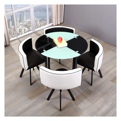 AZBROW Office Reception Conference Room Coffee Table Set, Kitchen Living Room Dining Table Tempered Glass Table Top Metal Feet 1 Table 4 Chairs Modern Home Living Room (Color : Black)