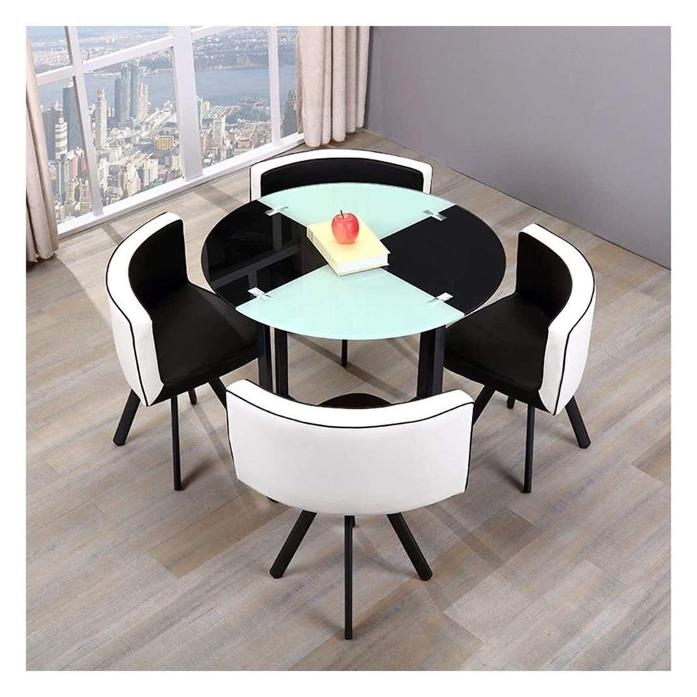 AZBROW Office Reception Conference Room Coffee Table Set, Kitchen Living Room Dining Table Tempered Glass Table Top Metal Feet 1 Table 4 Chairs Modern Home Living Room (Color : Black)
