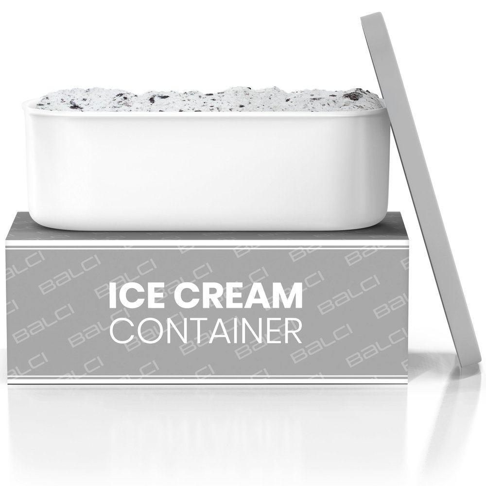 BALCI - Ice Cream Container - 2 Quart - Perfect Reusable Freezer Storage for Homemade Ice Cream Tubs for Sorbet, Frozen Yogurt and Gelato! - Flexible Silicone Lids, Long Scoop, Stackable - Grey