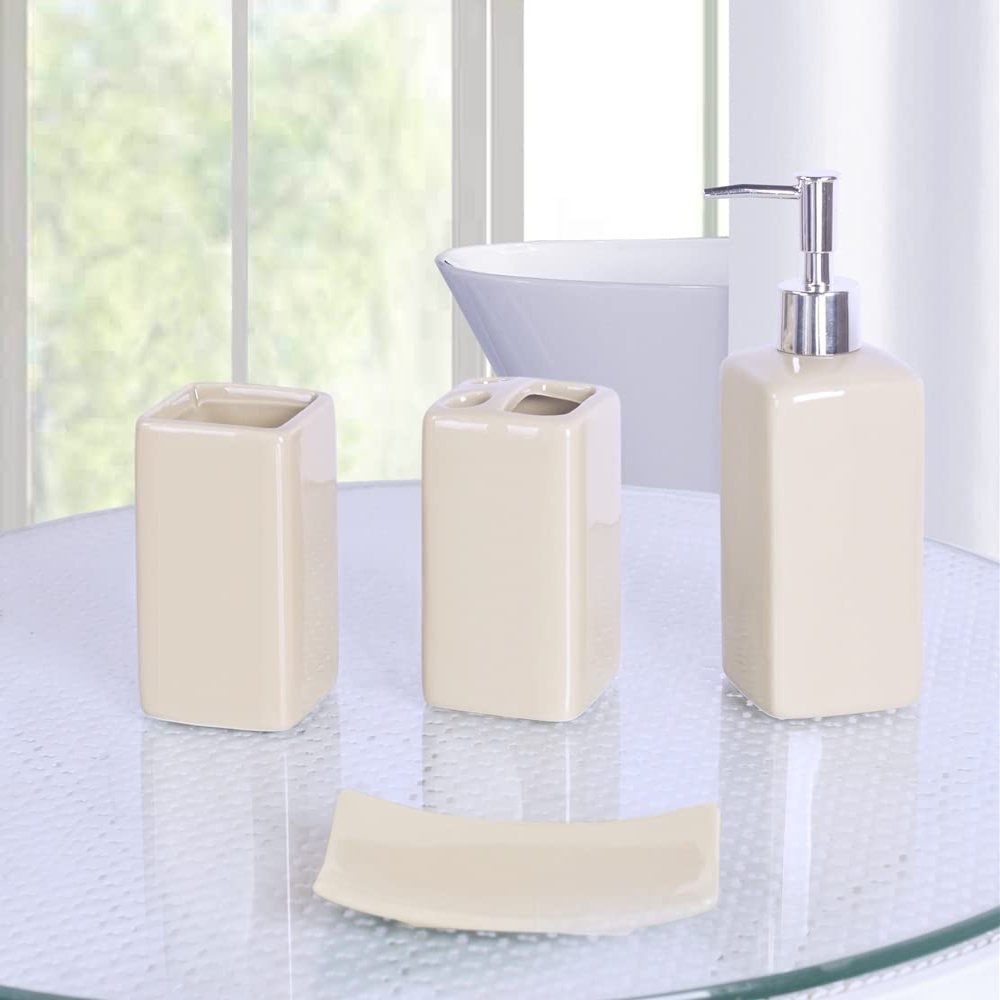 4 Piece Ceramic Bathroom Set Solid Colors Toothpaste Holder Toothbrush Holder Soap Pump Soap Dish (Beige Ivory)