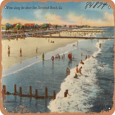 10 x 14 METAL SIGN - Georgia Postcard - View along the shoreline, Savannah Beach, Ga. - Vintage Rusty Look