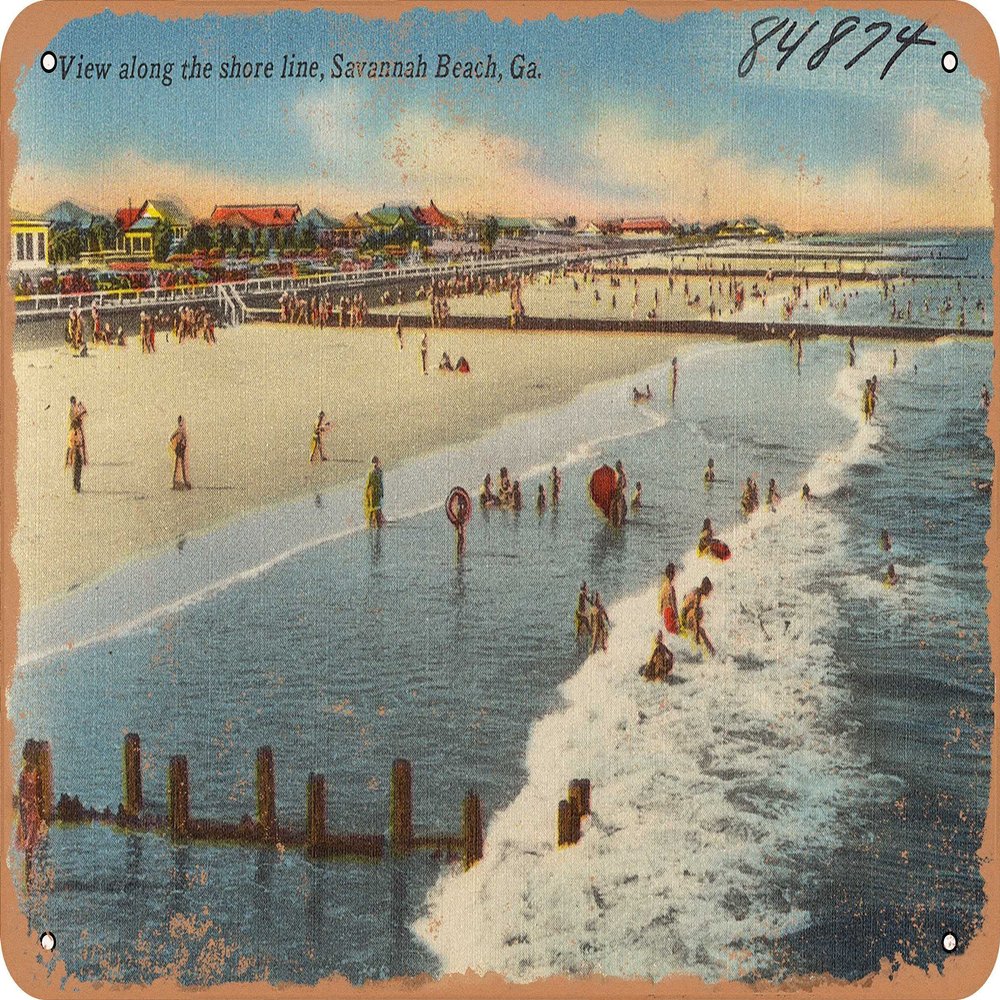 10 x 14 METAL SIGN - Georgia Postcard - View along the shoreline, Savannah Beach, Ga. - Vintage Rusty Look