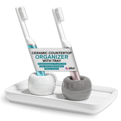 ELIKAI Ceramic Toothbrush Holder Set with Tray, Countertop Organizer for Bathroom, Storage Solution for Toothbrushes, Bathroom Accessories - (Grey & White)  2 Pack