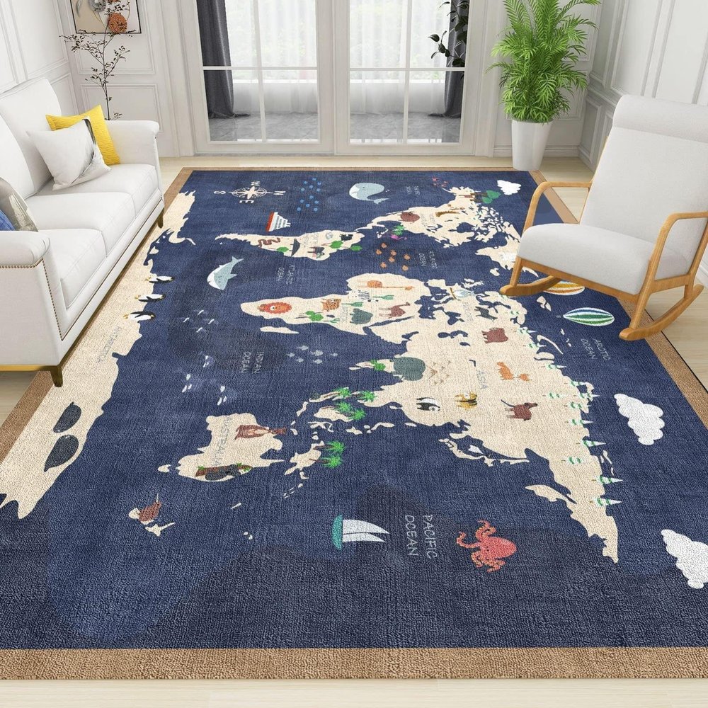 RAKUTE The World Map Blue Kids Rugs, Cartoon Animals 3D Printed Decor Doormat, Non-Slip Backing Rubber Crystal Velvet for Game Room Bedroom Living Room Lounge Nursery, 5ft x 8ft