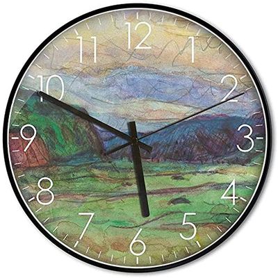BOMMEL Wall Clock Black Metal Border, Round Creative Mountain Pattern Wall Decoration Clock Precise,H (Color : H)
