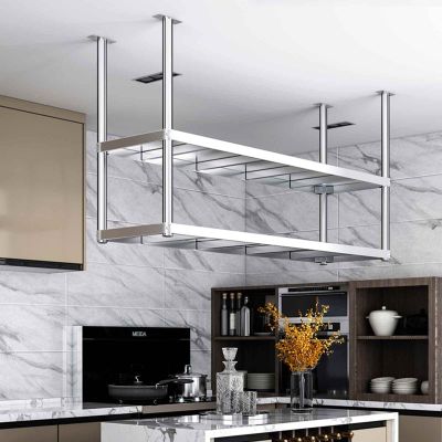 DMCHENGMA Silver Ceiling Shelf Holder Kitchen Shelves, 304 Stainless Steel Pot Holder Plates Racks, Dining Room Kitchen Storage Decoration Display Stand (Size : 90x35x80cm)