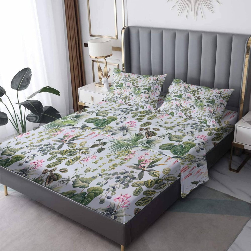 NOGAWA Botanical Sheets Twin XL Size, Flower Leaves Bed Sheets, Patterned Bedding Sheets & Pillowcases 3 Piece Set - Soft Microfiber Deep Pocket Fitted Sheet & Flat Sheet & Pillow Case