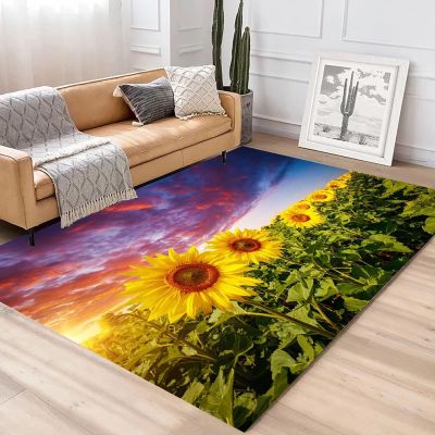 RAKUTE Sunflower Flower Field Kids Rugs, 3D Printed Decor Doormat, Non-Slip Backing Rubber Crystal Velvet for Game Room Bedroom Living Room Lounge Nursery, 4ft x 5ft