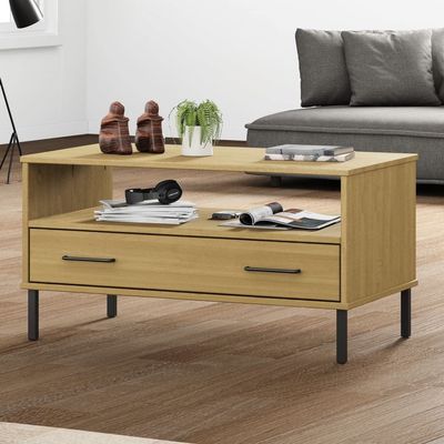 CHARMMA Coffee Table with Metal Legs Brown 33.5"x19.7"x17.7" Solid Wood Oslo