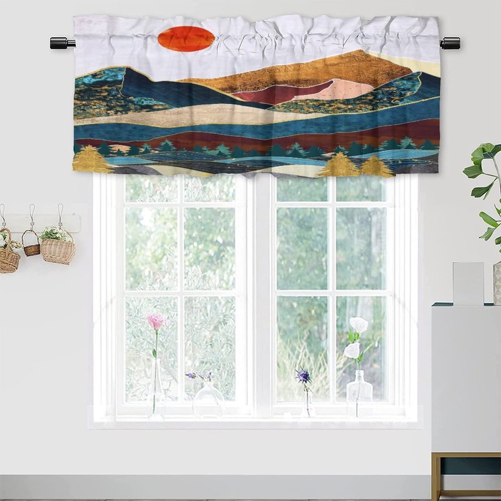 Abstract Red Sun Mountain Valance Curtains 54x18inch1Pcs Country Kitchen Curtains for Small Window Bathroom Farmhouse
