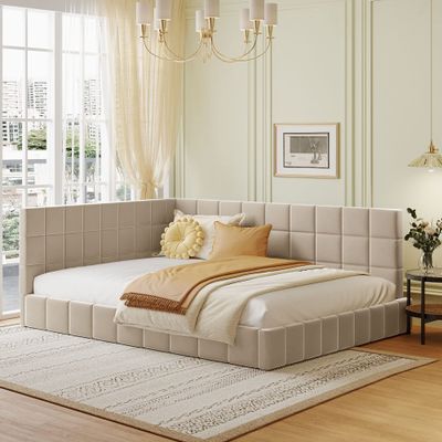 Bellemave Full Size Upholstered Daybed, Mid Century Day Bed Frame with A Backrest and Armrest, Velvet Corner Beds for Living Room, Bedroom, Beige