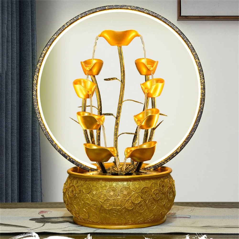 Gold Tabletop Fountain with LED Light, Indoor Fountain Relaxation Fountains Meditation Desk Fountain Artistic Waterfall Fountains Home/Office