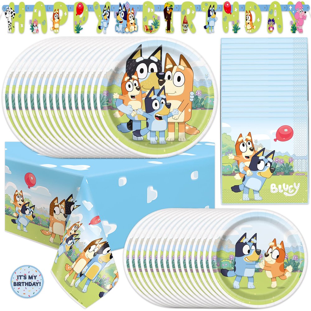 Unique Bluey Birthday Party Supplies | Serves 16 Guests | Officially Licensed Bluey Party Decorations - Banner, Table Cloth, Dinner & Cake Plates, Napkins, Sticker