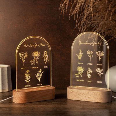 Grandma's Garden, Personalized Night Light with Birth Flower Design w/Up to 7 Grandkids' Names, Custom with Any Text - Mothers Day Gifts for Grandma, Custom Engraved Gifts for Grandma - 3 Names
