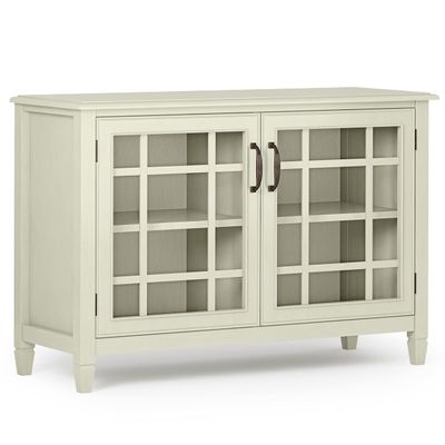 SIMPLIHOME Connaught Solid Wood 46 Inch Wide Traditional Low Storage Cabinet in Antique White, for The Living Room, Entryway and Family Room