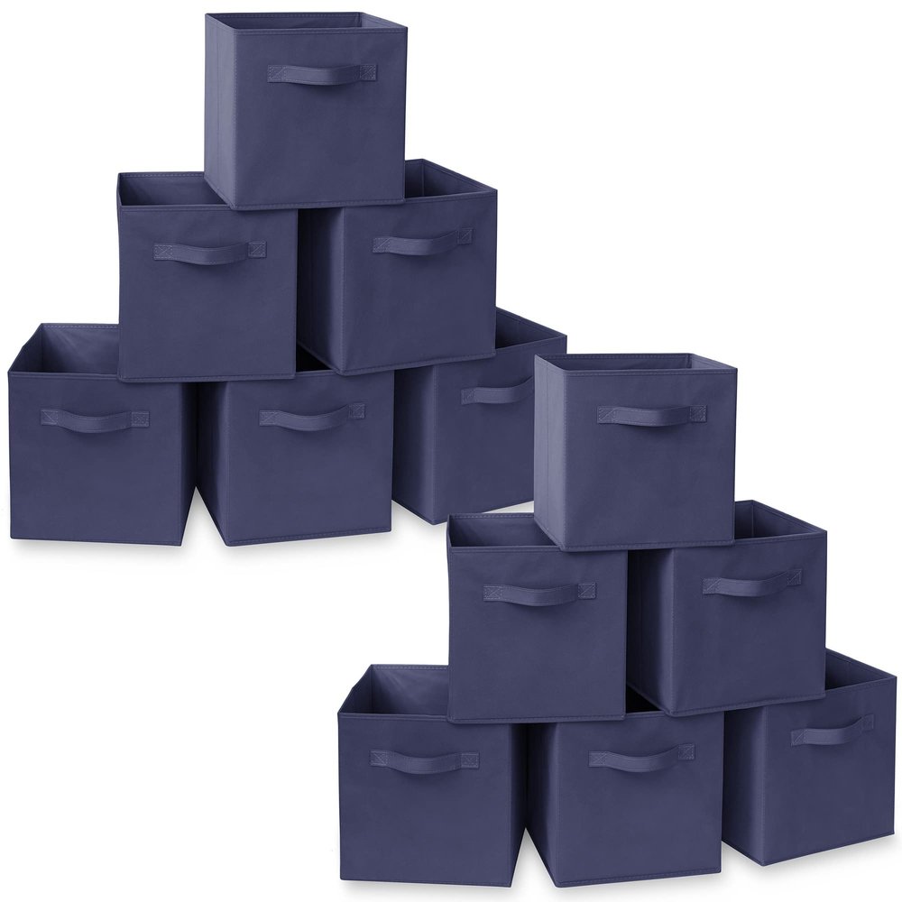Casafield Set of 12 Collapsible Fabric Cube Storage Bins, Navy Blue - 11" Foldable Cloth Baskets for Shelves, Cubby Organizers & More