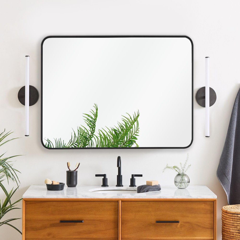 Bonverre 24x36 Inch Rectangle Bathroom Mirror with Black Metal Frame, Rounded Corner Rectangular Vanity Mirror for Wall, Modern Large for Bedroom, Living Room, Horizontal or Vertical