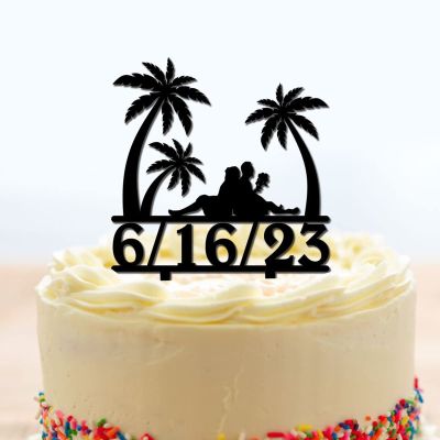 Tropical Beach Wedding Cake Toppers Custom Mr And Mrs Cake Toppers Bride And Groom Under Palm Tree Keepsake Decoration Black Acrylic Couple Silhouette Cake Toppers with Date