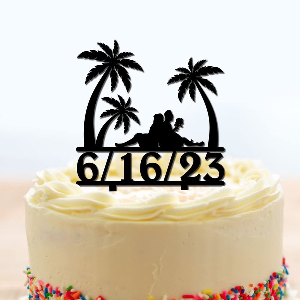 Tropical Beach Wedding Cake Toppers Custom Mr And Mrs Cake Toppers Bride And Groom Under Palm Tree Keepsake Decoration Black Acrylic Couple Silhouette Cake Toppers with Date