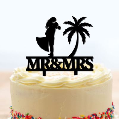 Custom Cake Toppers Bride Groom with Palm Tree Wedding Cake Toppers Beach Theme Black Acrylic Cake Topper Bride And Groom Silhouette Party Cake Supplies with Last Name