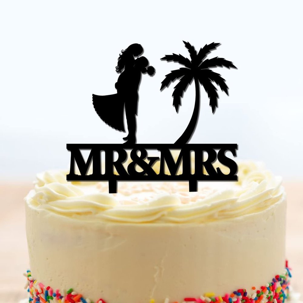 Custom Cake Toppers Bride Groom with Palm Tree Wedding Cake Toppers Beach Theme Black Acrylic Cake Topper Bride And Groom Silhouette Party Cake Supplies with Last Name