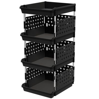 Lifewit Plastic Stackable Storage Baskets, 4 Tier Stacking Bins for Food and Clothes, Multifunctional Organizer for RV, Kitchen, Playroom, Pantry, Black, 35 x 30 x 72 cm/14 x 12 x 28 inch, 1 Pack