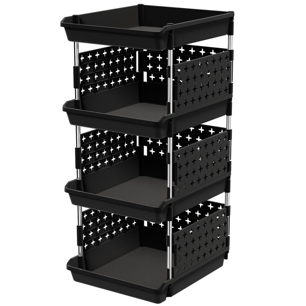Lifewit Plastic Stackable Storage Baskets, 4 Tier Stacking Bins for Food and Clothes, Multifunctional Organizer for RV, Kitchen, Playroom, Pantry, Black, 35 x 30 x 72 cm/14 x 12 x 28 inch, 1 Pack