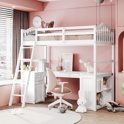 HZSSDTKJ Twin Size Loft Bed with Drawers,Cabinet,Shelves and Desk,Wooden Loft Bed Frame with Inclined Ladder and Safety Guardrail for Kids Teen Girls Boys Adults Bedroom Furniture (White)