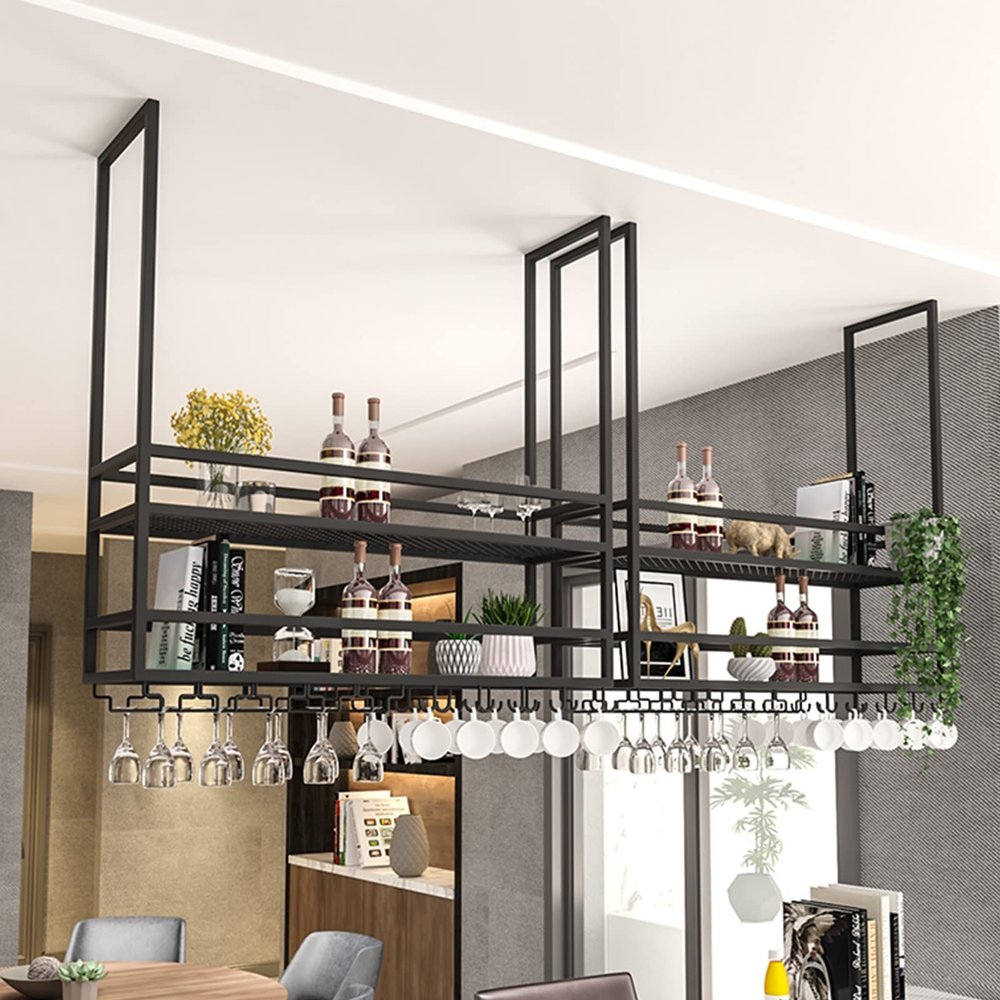 DMCHENGMA Floating Hanging Shelves, Black Wrought Iron Ceiling Shelf Brackets 2 Layer, Wall-Mounted Decorative Racks for Bar Restaurant Easy to Install Storage Shelving (Size : 120x30x100cm)