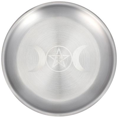 TEHAUX Altar Candle Tray - Pentagram Moon Pattern - Silver White Iron Burning Tray - 5.46" Round Altar Plate for Rituals, Ceremonies & Decor