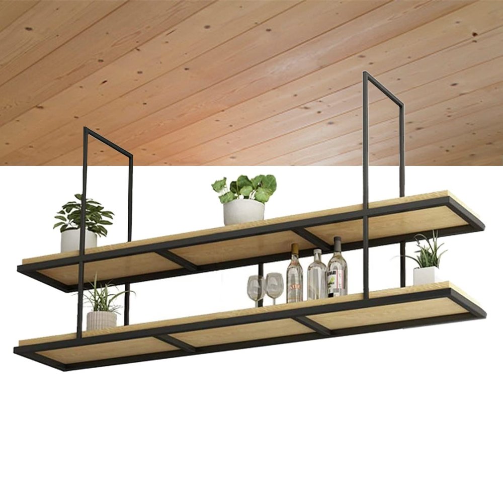 DMCHENGMA Retro Industrial Restaurant Iron Solid Wood Ceiling Shelf, Hanging Floating Shelves, 2 Tier Shelving Bar Hanging Decoration Storage Racks (Size : 150x30x80cm)