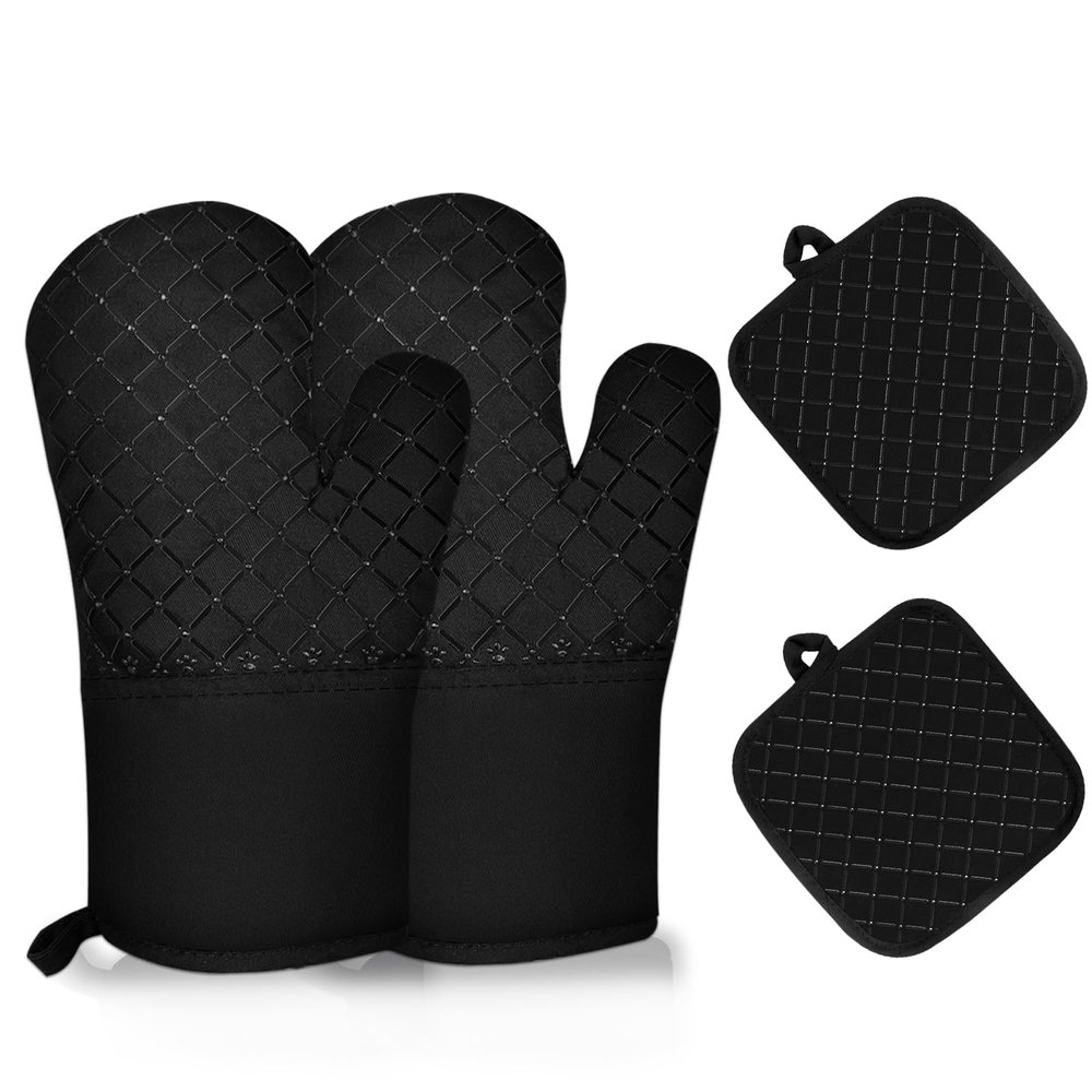 4PCS Oven Mitts and Pot Holders Sets 500F Pot Holders for Kitchen Heat Resistant Oven Gloves Anti-Slip Silicone Stripe Oven Mitts Heat Resistant Hot Pads Oven Mits Potholders for Kitchens (Black)