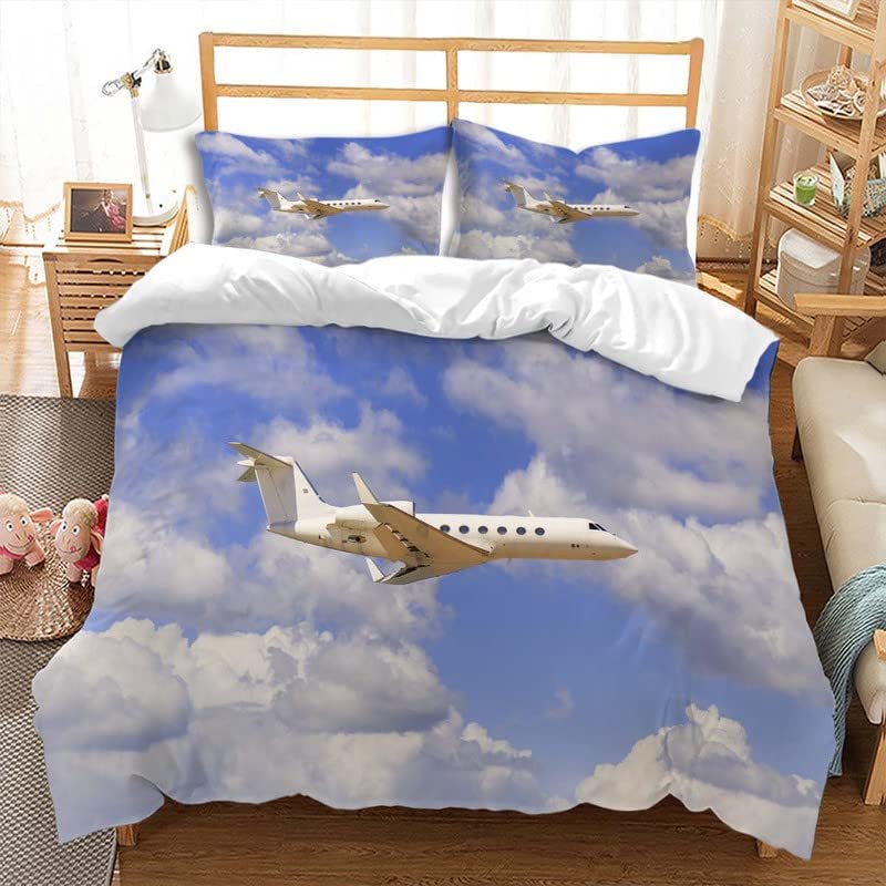 Jingzhang Dream White Aircraft Duvet Cover Set with Zipper Closure, Queen Size - Includes Comforter Cover and 2 Pillow Shams